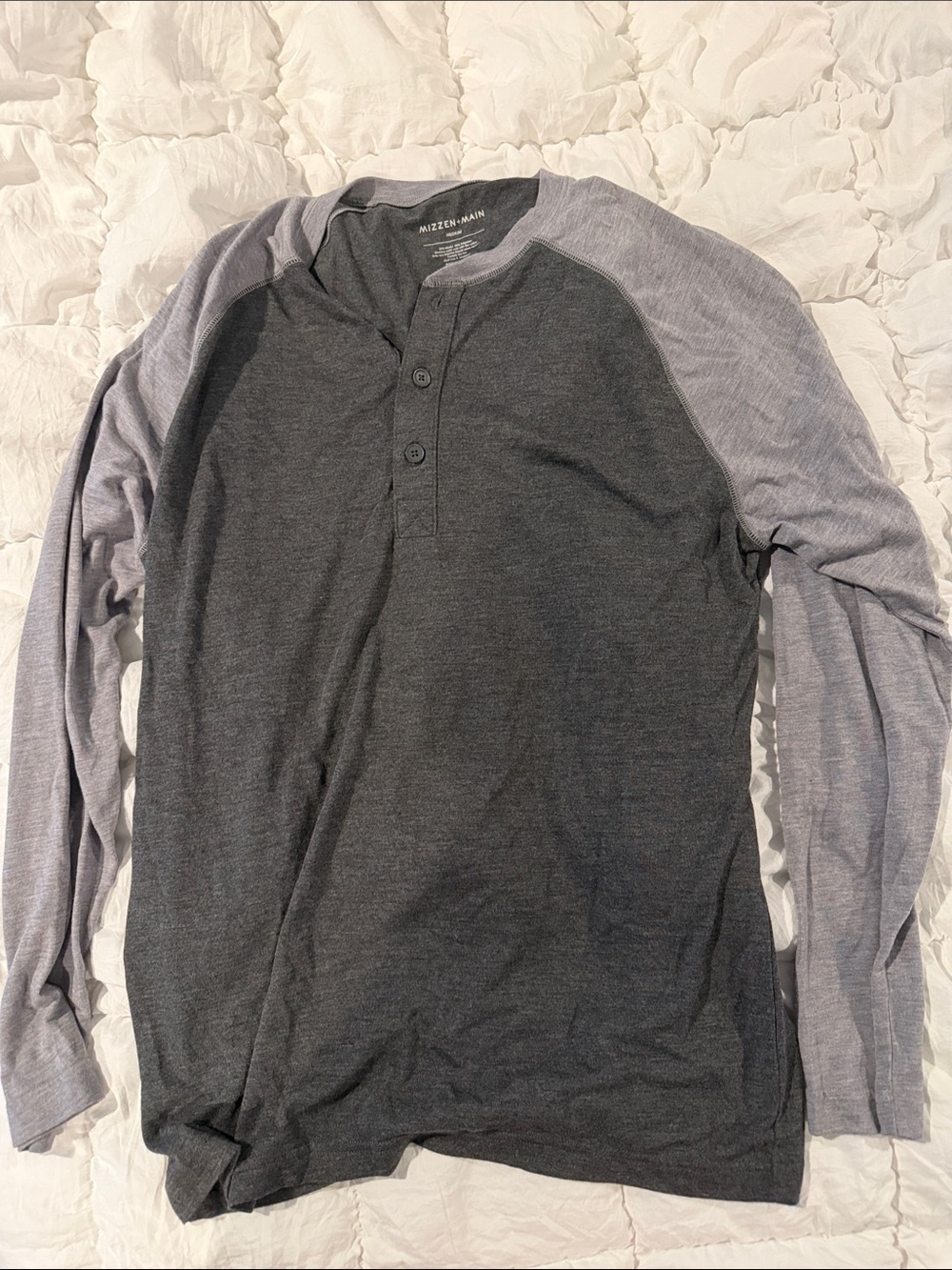 Mizzen+Main Charcoal Body with Light Gray Raglan Sleeve Henley